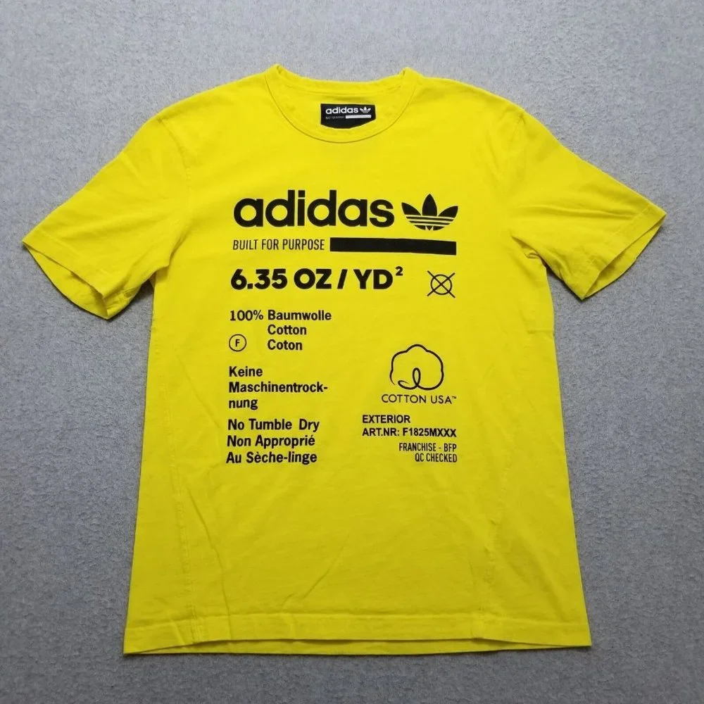Adidas Shirt Mens Small Yellow‎ Short Sleeve Crew Neck Casual Spell Out Cotton